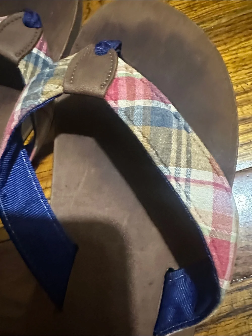Brooks Brothers Brown Leather Flip Flops with Navy and Plaid Straps